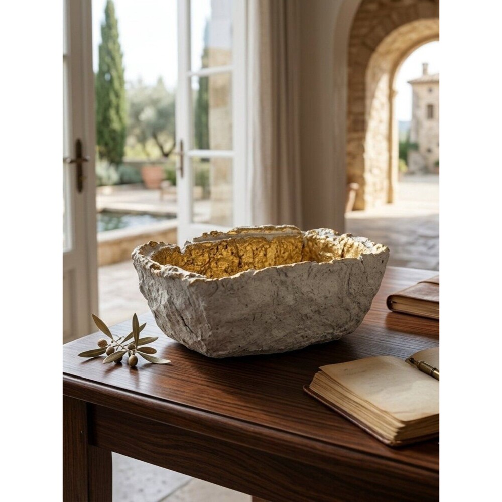 Handcrafted Paper Mache Decorative Bowl - Gold Foil Interior - White & Gold